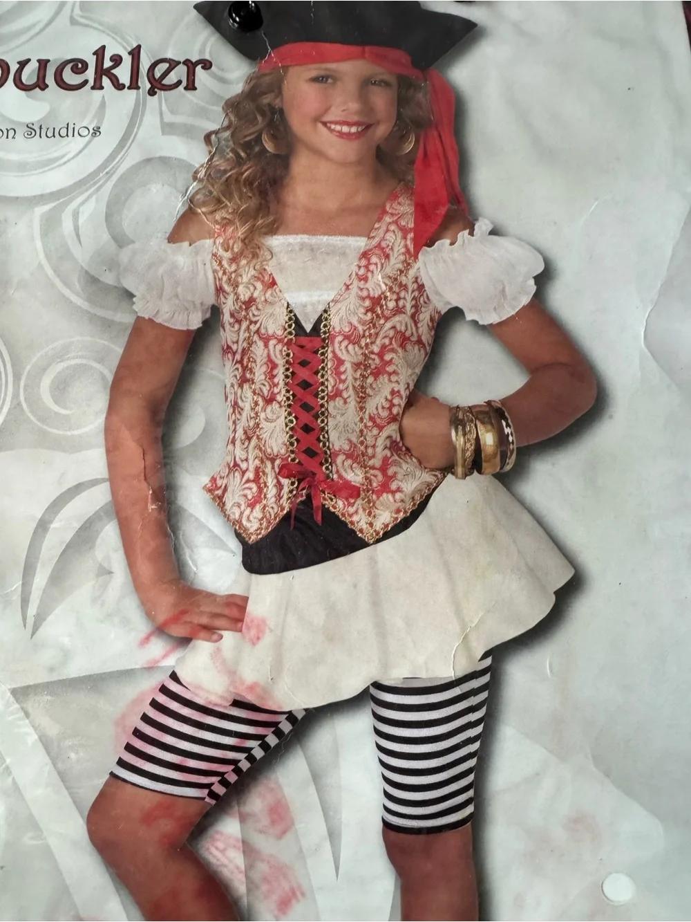 Size small Swashbuckler Girls Pirate Costume - White, Red, Black